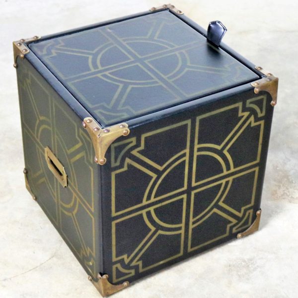 Mid-Century Campaign Style Black Vinyl Upholstered Cube Storage Ottoman Side Table