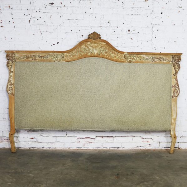 Baroque Whitewashed and Upholstered Headboard King Size with Carved Lion Heads