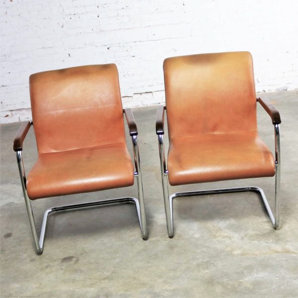 Interiors International Ltd. Cantilevered Chrome and Cognac Leather Chairs by John Geiger