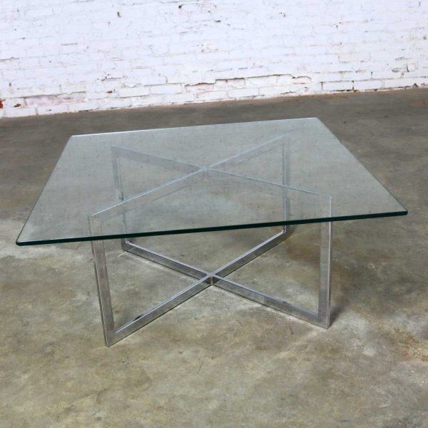 Square Mid Century Modern Chrome X-Base Glass Top Coffee Table After Baughman