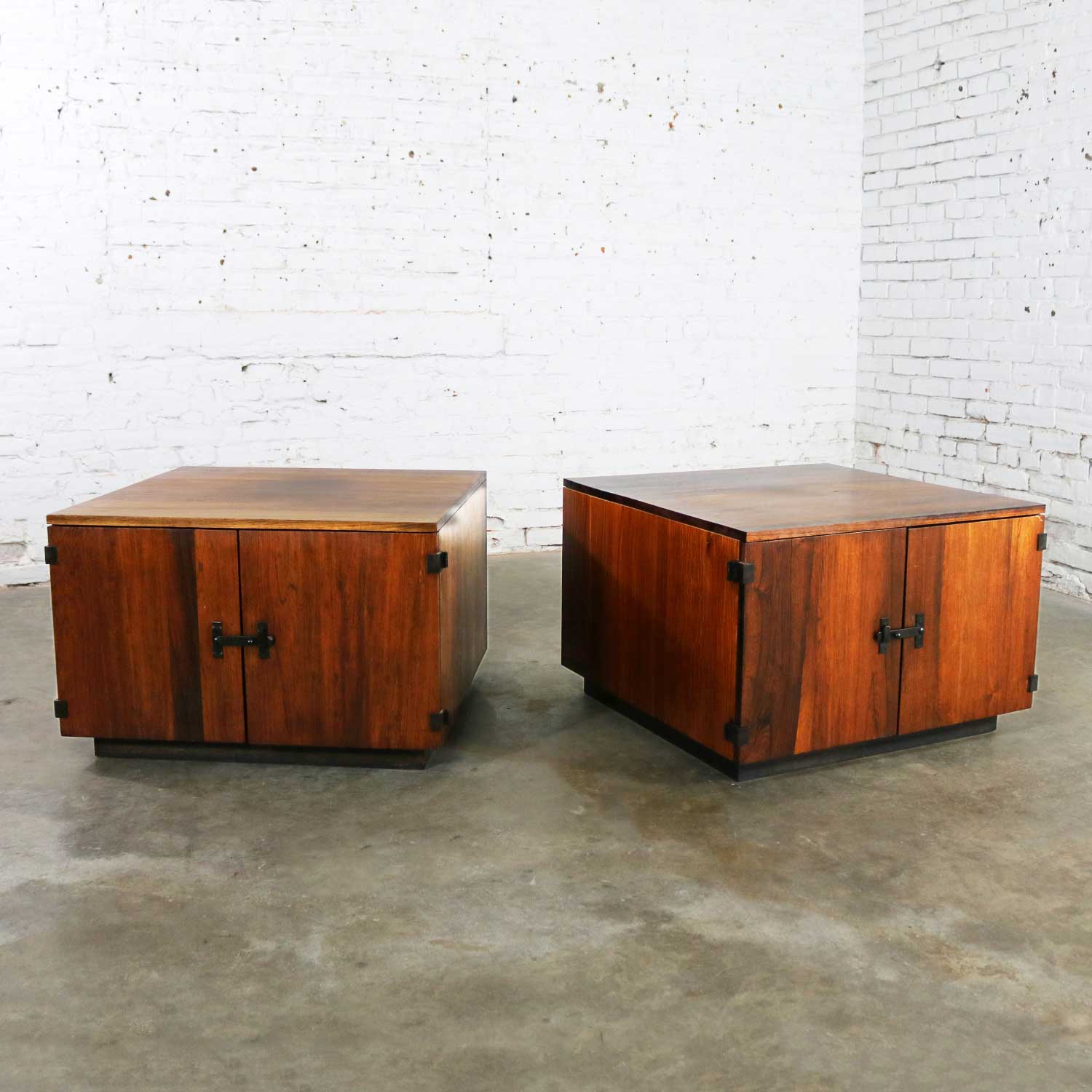 Pair Rosewood Mid Century Square End Table Cabinets