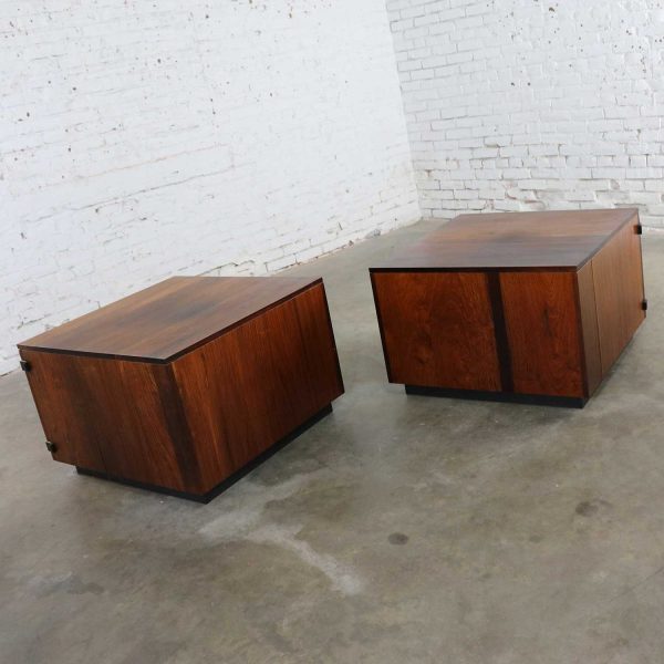 Pair Rosewood Mid Century Square End Table Cabinets