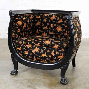 Antique Victorian Wishbone Barrel Chair Carved Lion’s Heads and Claw Feet Ebonized