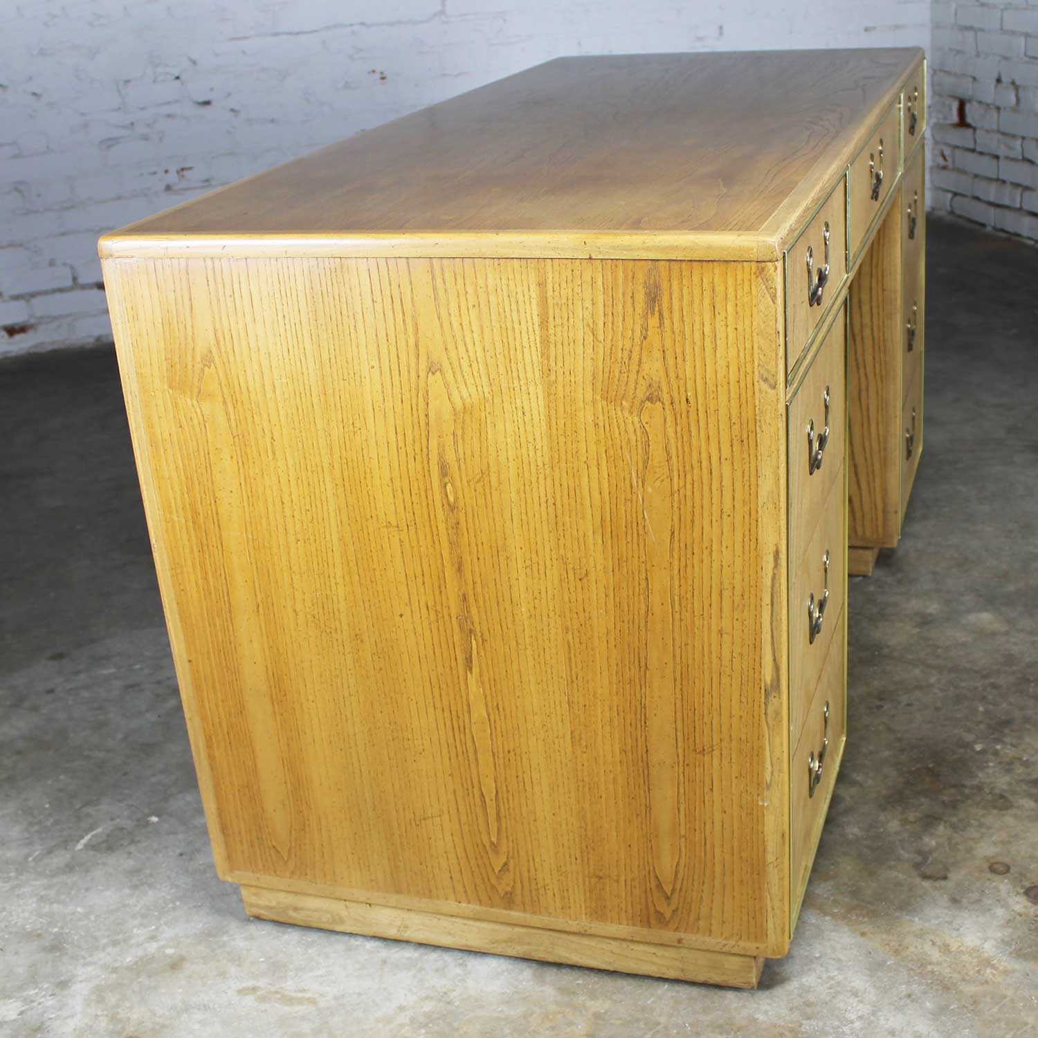 Campaign Style Founders Furniture Light Oak Desk with Brass Plate Accent and Hardware