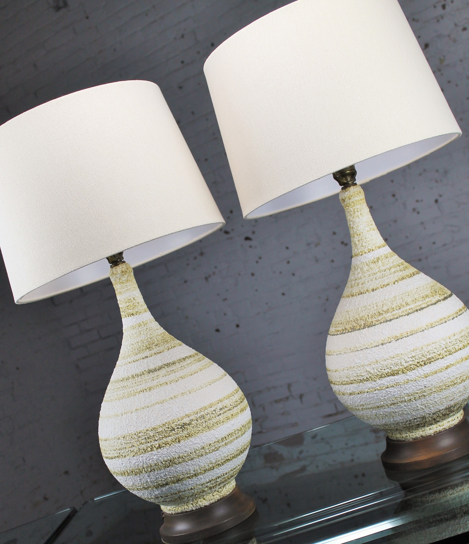 Vintage Pair of Mid-Century Modern Horizontal Striped Ceramic Lamps