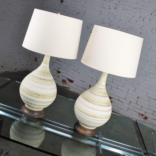 Vintage Pair of Mid-Century Modern Horizontal Striped Ceramic Lamps