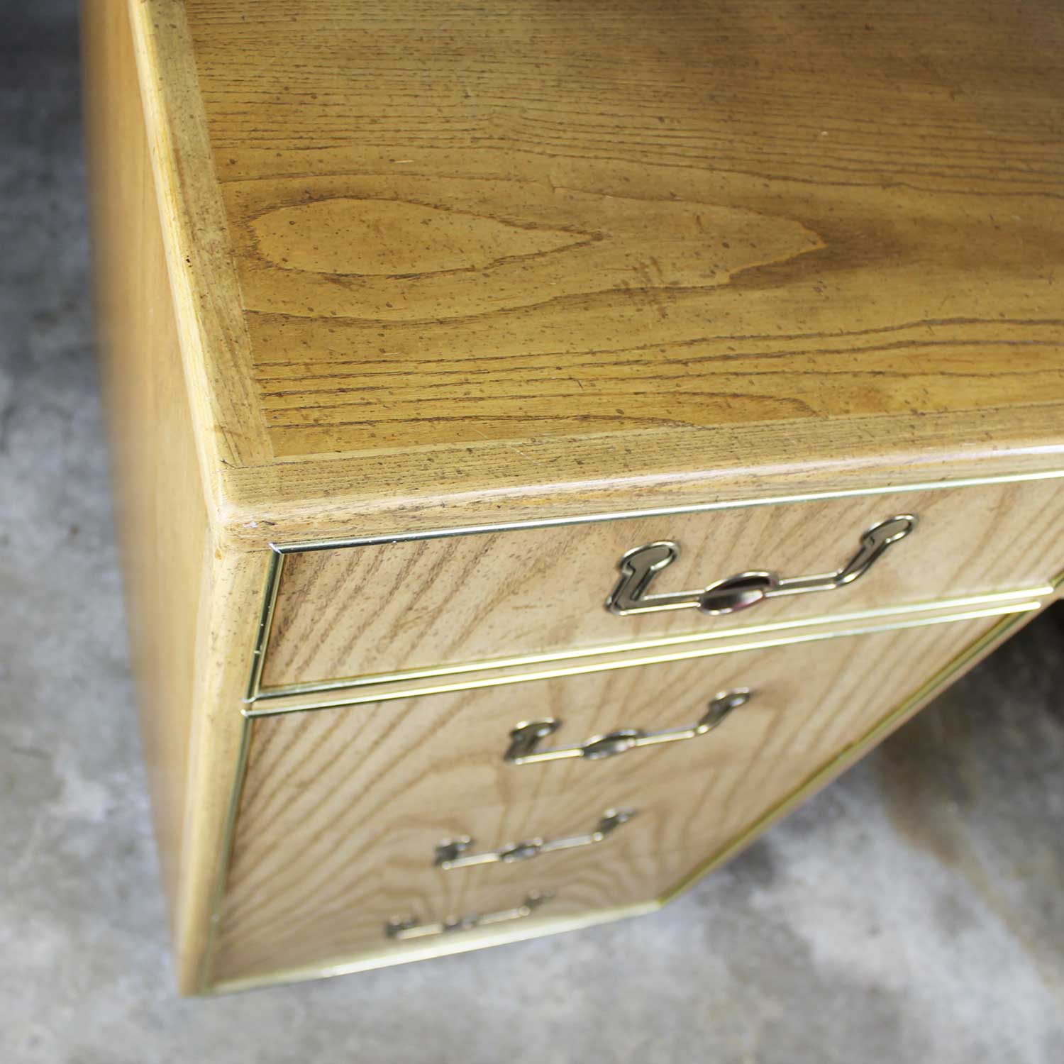 Campaign Style Founders Furniture Light Oak Desk with Brass Plate Accent and Hardware