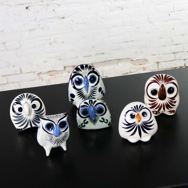 Vintage Tonala Pottery Owls Hand Painted and Made in Mexico Collection of Six