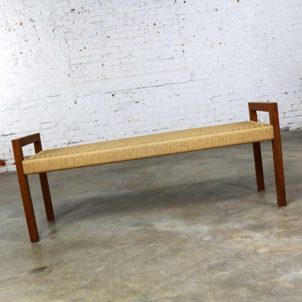 Scandinavian Modern Style Rope and Teak Bench by Sun Cabinet Company
