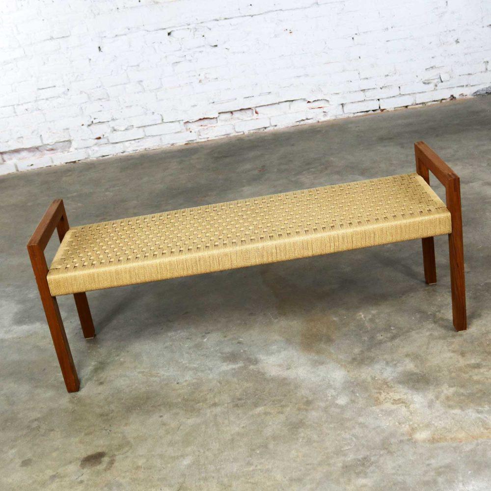 Scandinavian Modern Style Rope and Teak Bench by Sun Cabinet Company