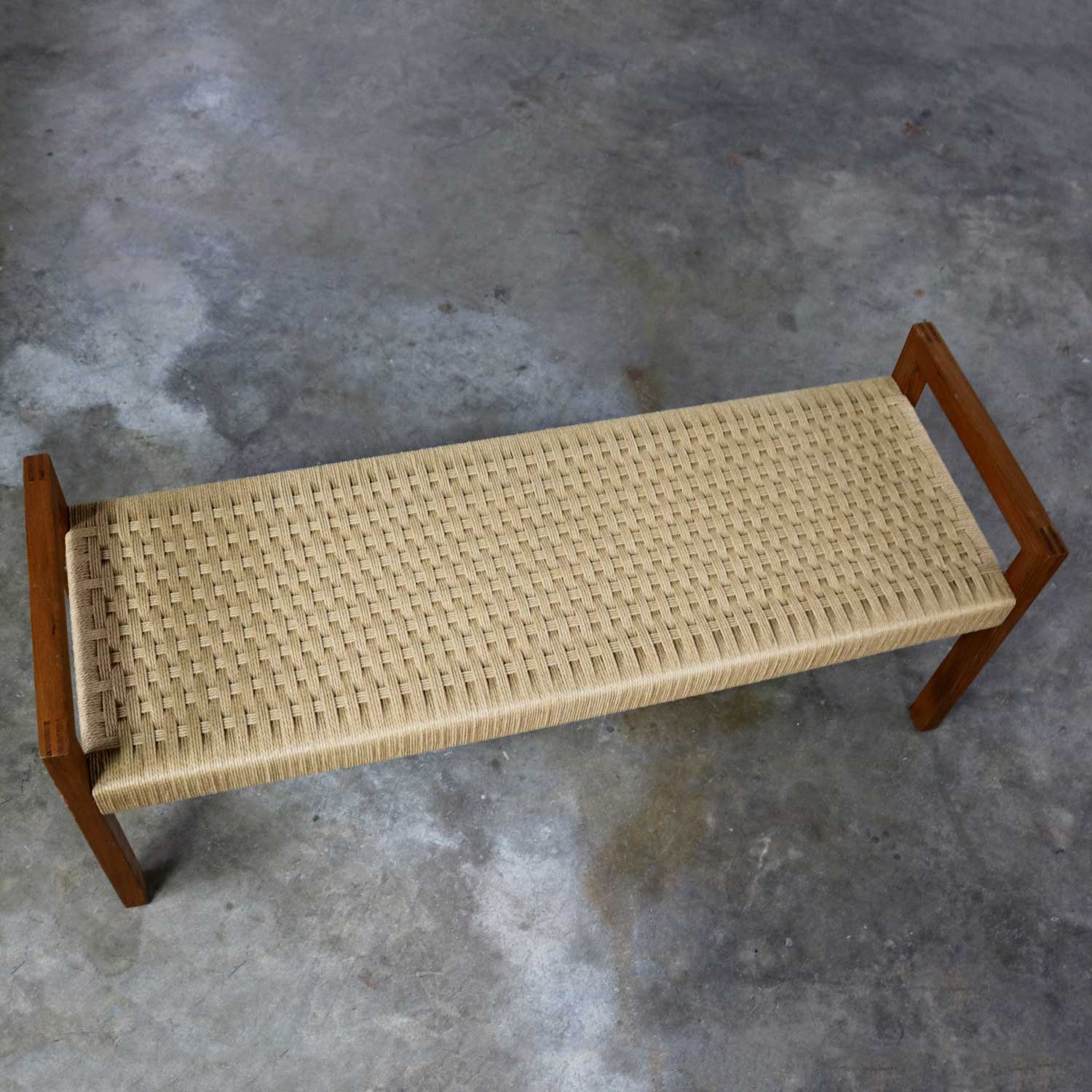Scandinavian Modern Style Rope and Teak Bench by Sun Cabinet Company