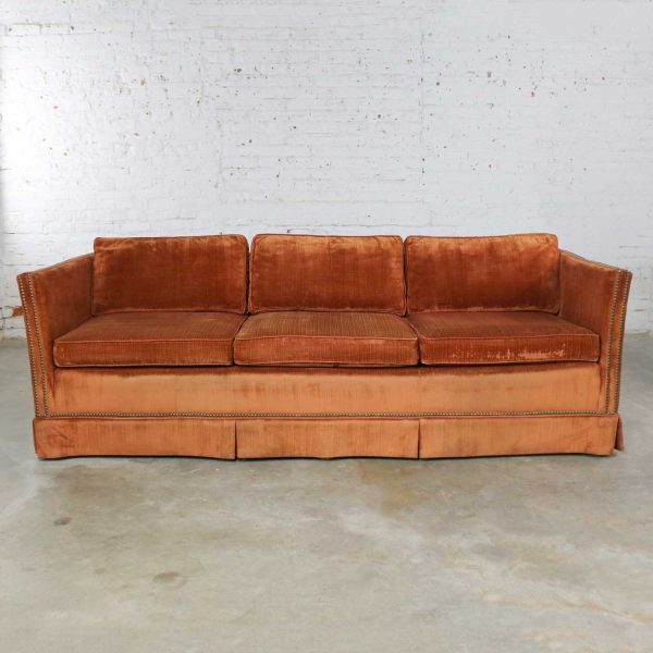 Mid Century Hollywood Regency Burnt Orange Velvet Tuxedo Sofa Bronzetone Nailheads