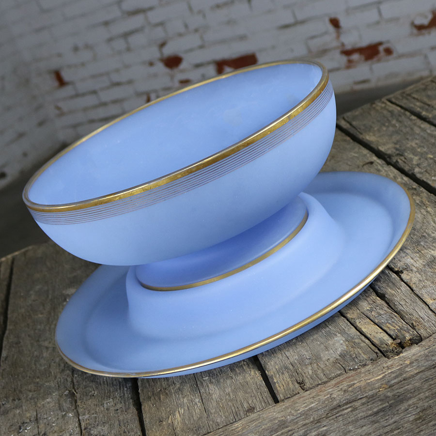 Azure Blue Frosted Glass Punch Bowl and Charger with Gold Rim