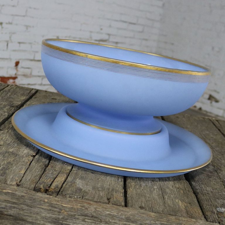 Azure Blue Frosted Glass Punch Bowl and Charger with Gold Rim