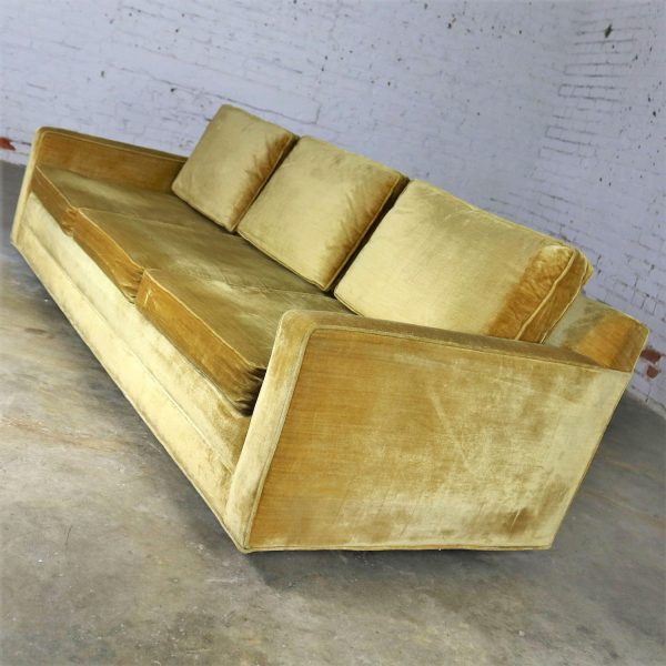 Gold Velvet Lawson Style Three Cushion Sofa Vintage Mid Century Modern