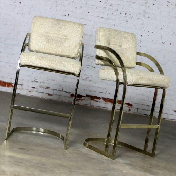 Pair Milo Baughman Style Cantilever Brass Plated Bar Stools MCM