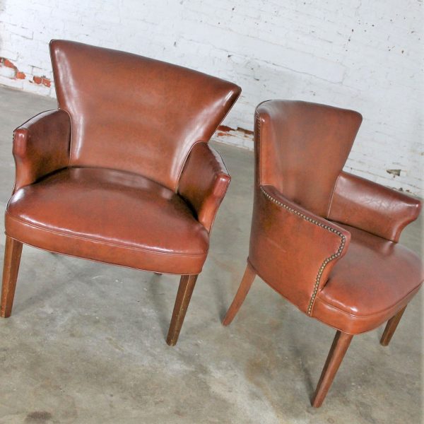 Art Deco Pair of Petite Brown Faux Leather Arm Chairs with Nail Head Accent