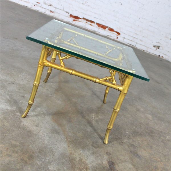 Phyllis Morris Style Gilt Faux Bamboo and Glass Side Table Vintage Hollywood Regency