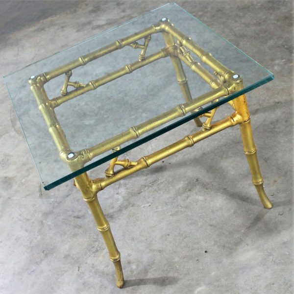 Phyllis Morris Style Gilt Faux Bamboo and Glass Side Table Vintage Hollywood Regency