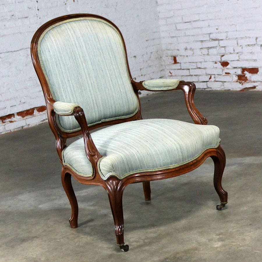 Antique Victorian Walnut and Upholstered Open Arm Chair