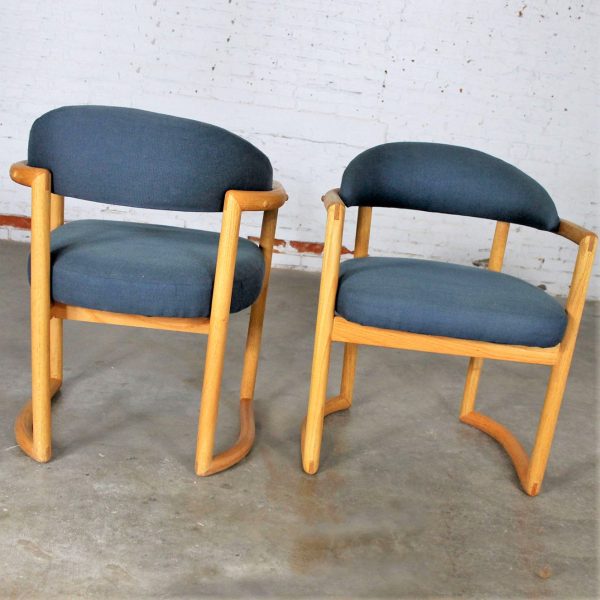 Pair Scandinavian Style Bentwood Oak Arm Chairs with Blue Upholstery Vintage Modern