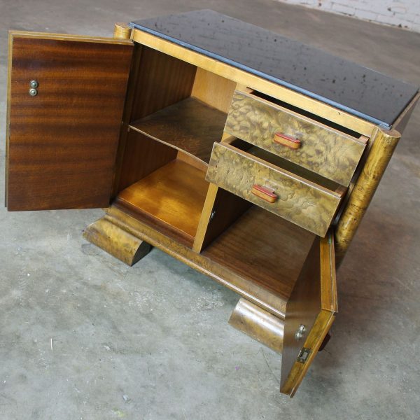 Petit Art Deco Burlwood Side Cabinet with Black Glass Top & Bakelite Handles