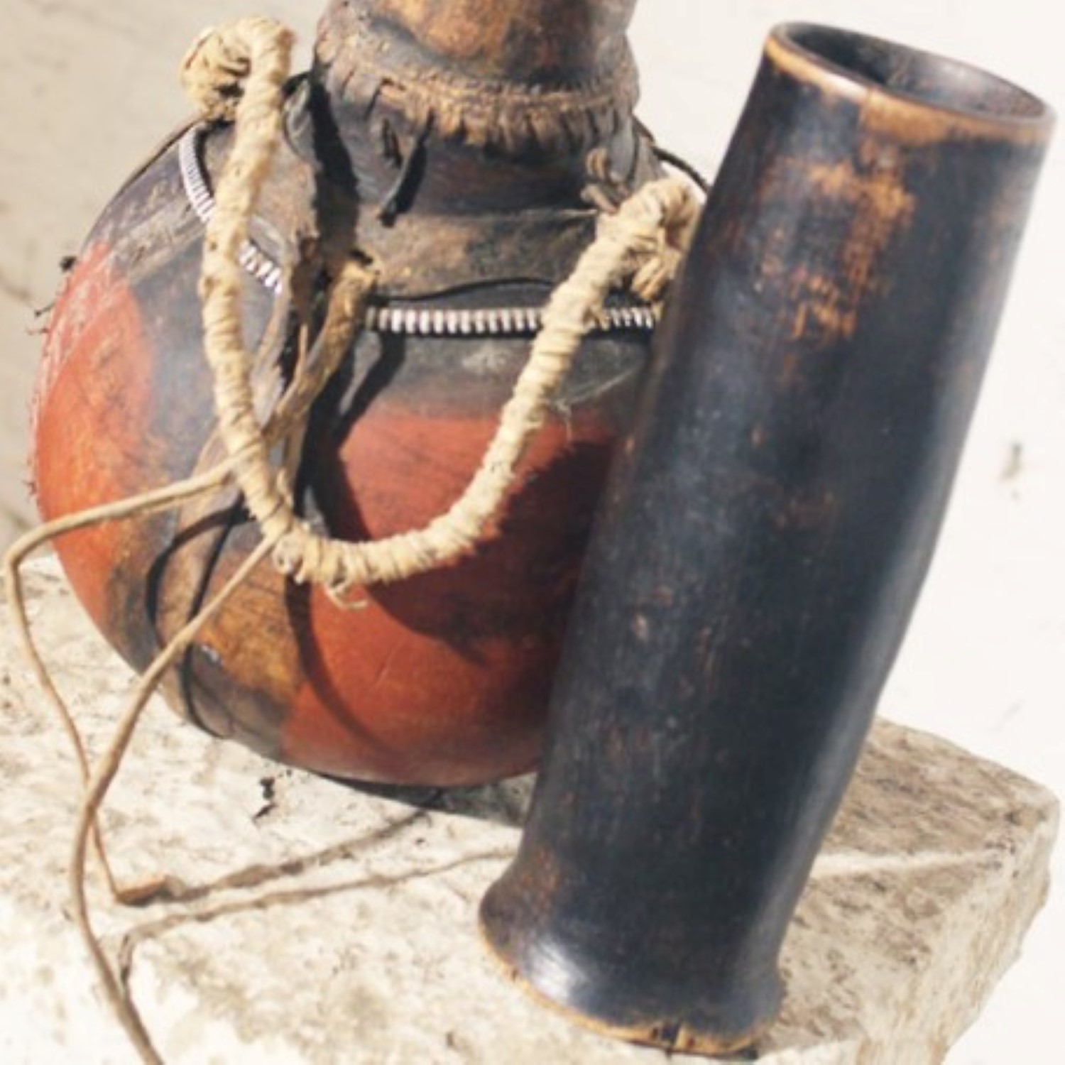 Vintage African Tribal Wood and Leather Water / Milk Jug with Wood Cup