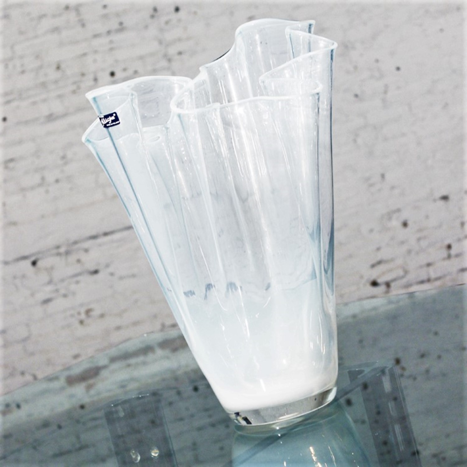 Alicja White Opalescent Glass Large 16" Handkerchief Vase Poland