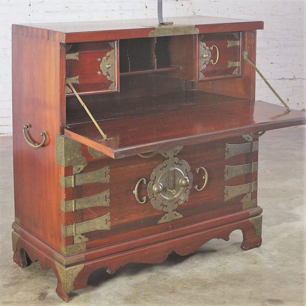 Vintage Korean Campaign Style Secrétaire Cabinet Drop Front Desk