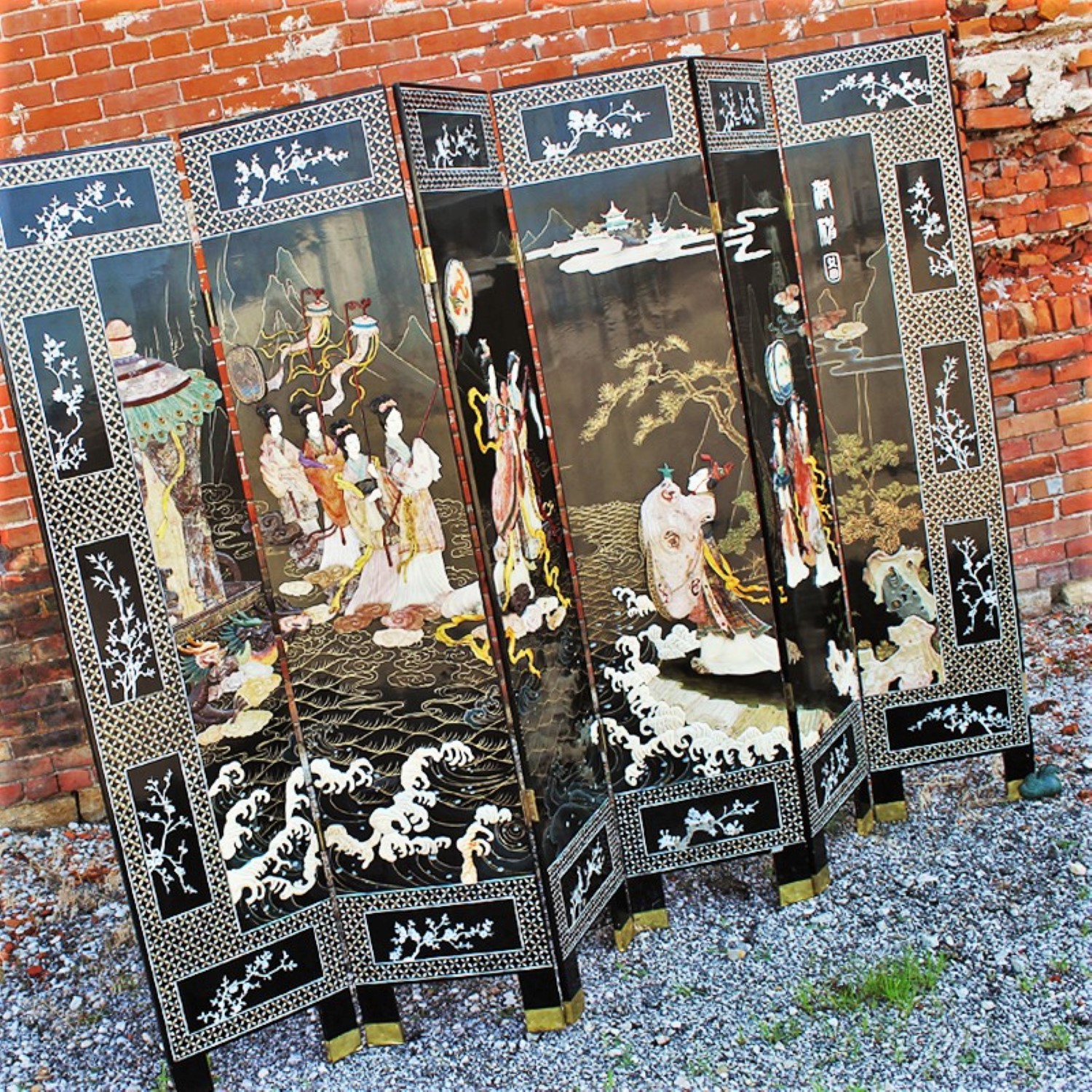 Vintage Asian 6 Panel Ebony Lacquer Folding Screen with Hardstone Carvings