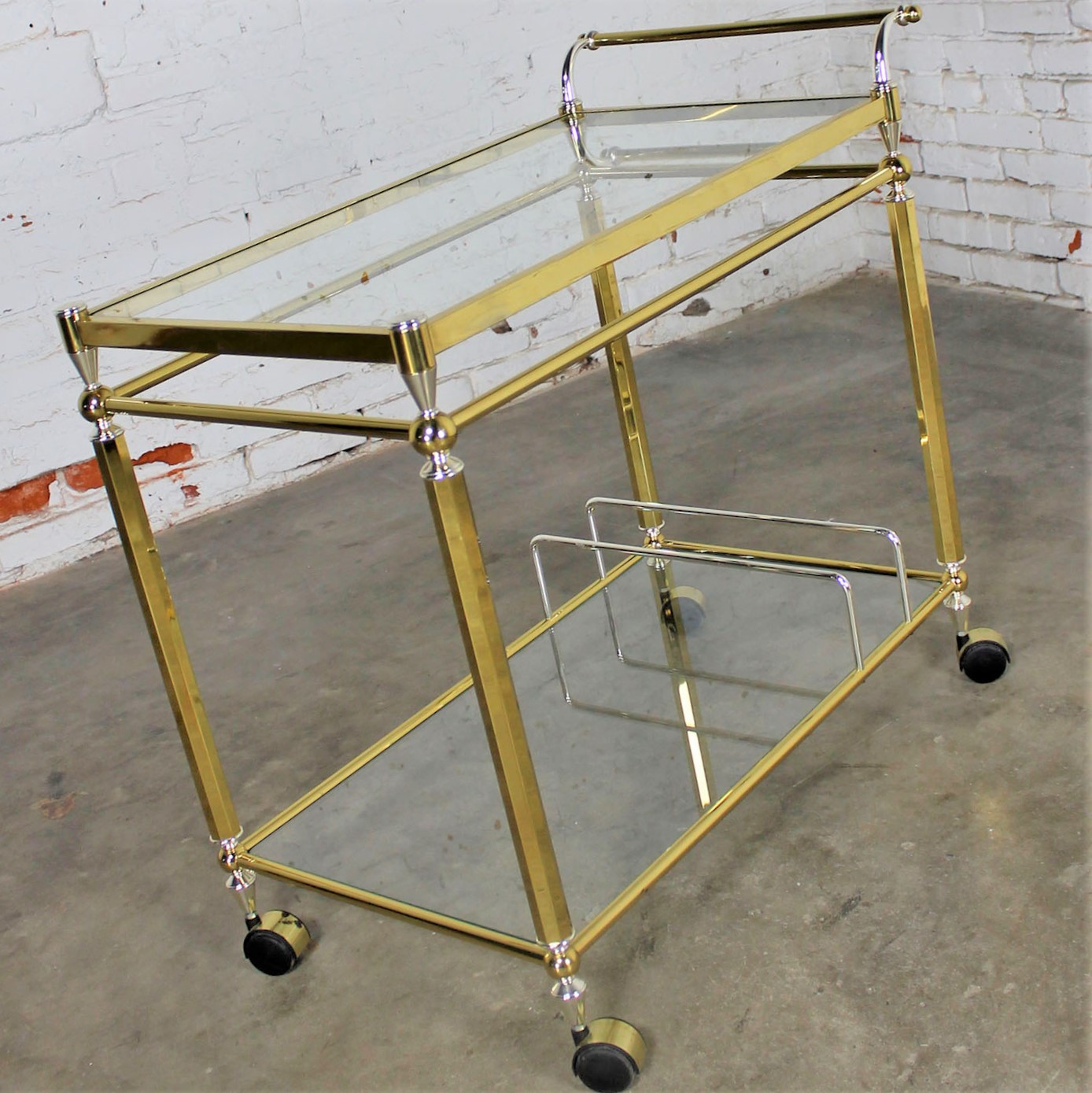 Vintage Brass, Chrome and Glass Double Tier Serving Tea or Bar Cart