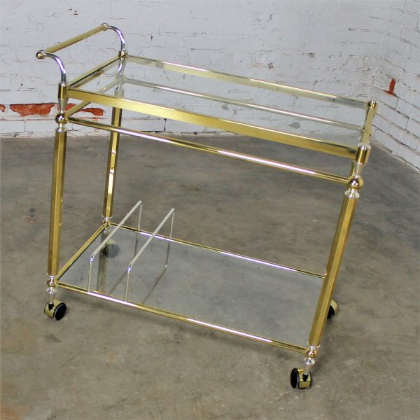 Vintage Brass, Chrome and Glass Double Tier Serving Tea or Bar Cart