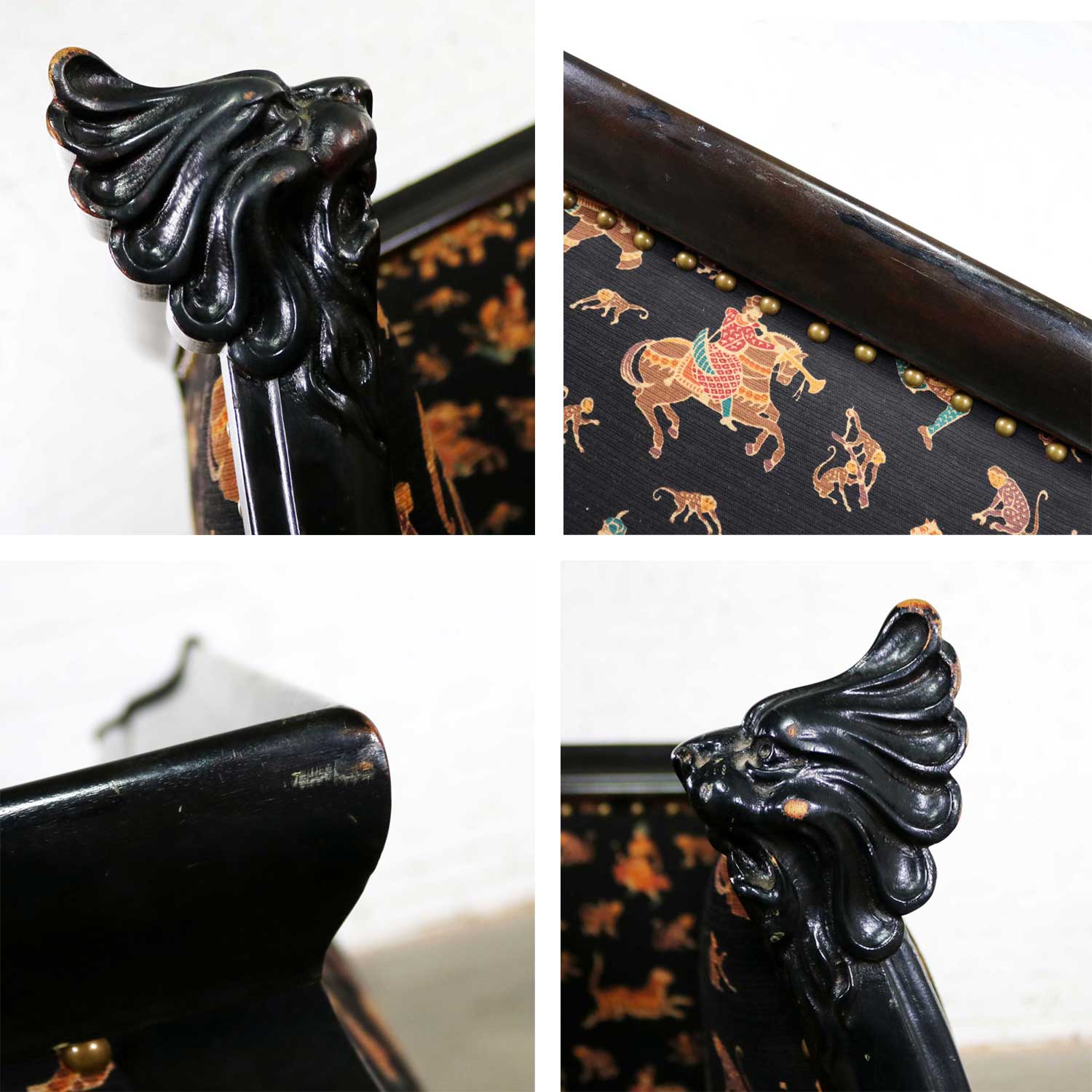 Antique Victorian Wishbone Barrel Chair Carved Lion’s Heads and Claw Feet Ebonized