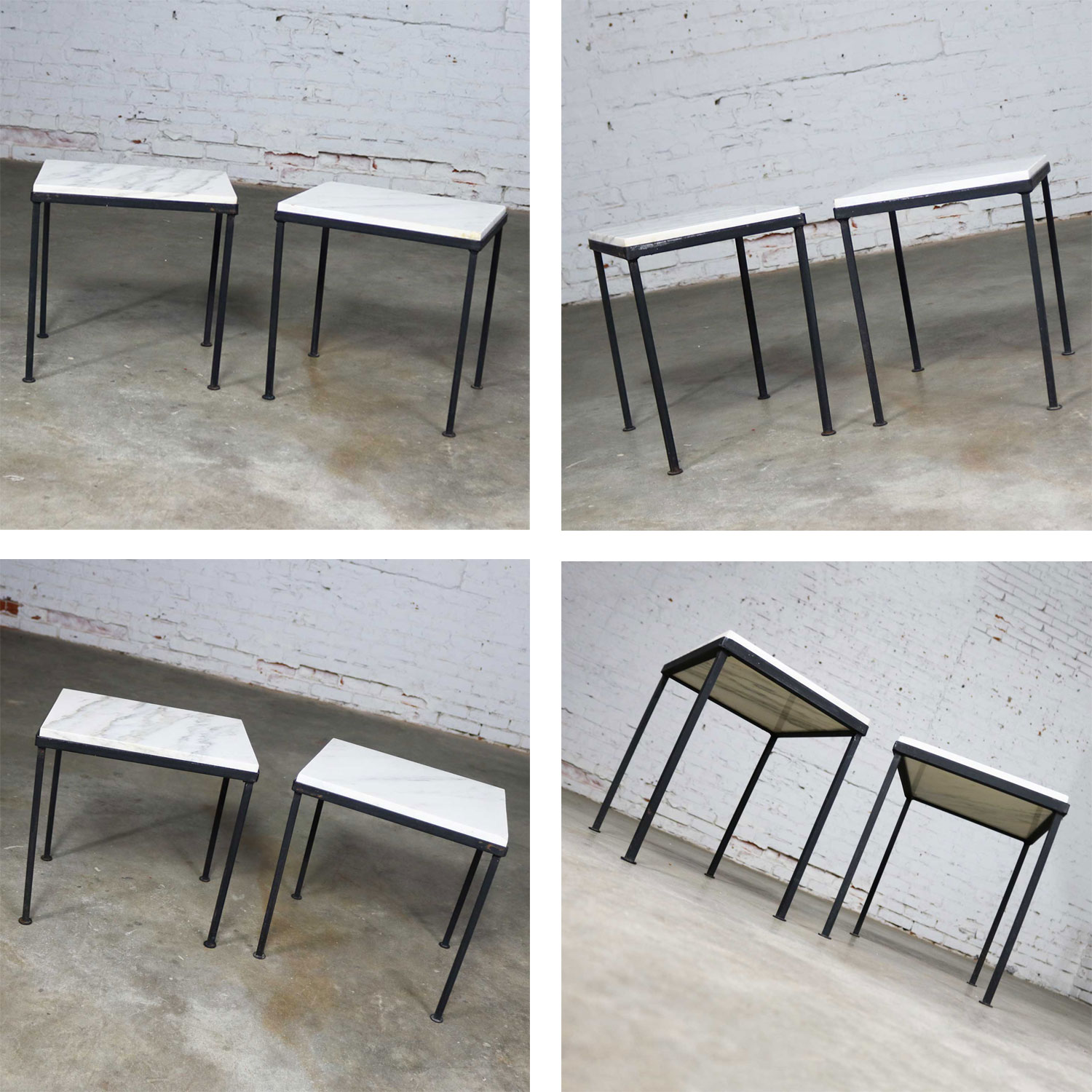Trio of Small Black Iron Frame White Marble Topped Tables for Indoors or Out