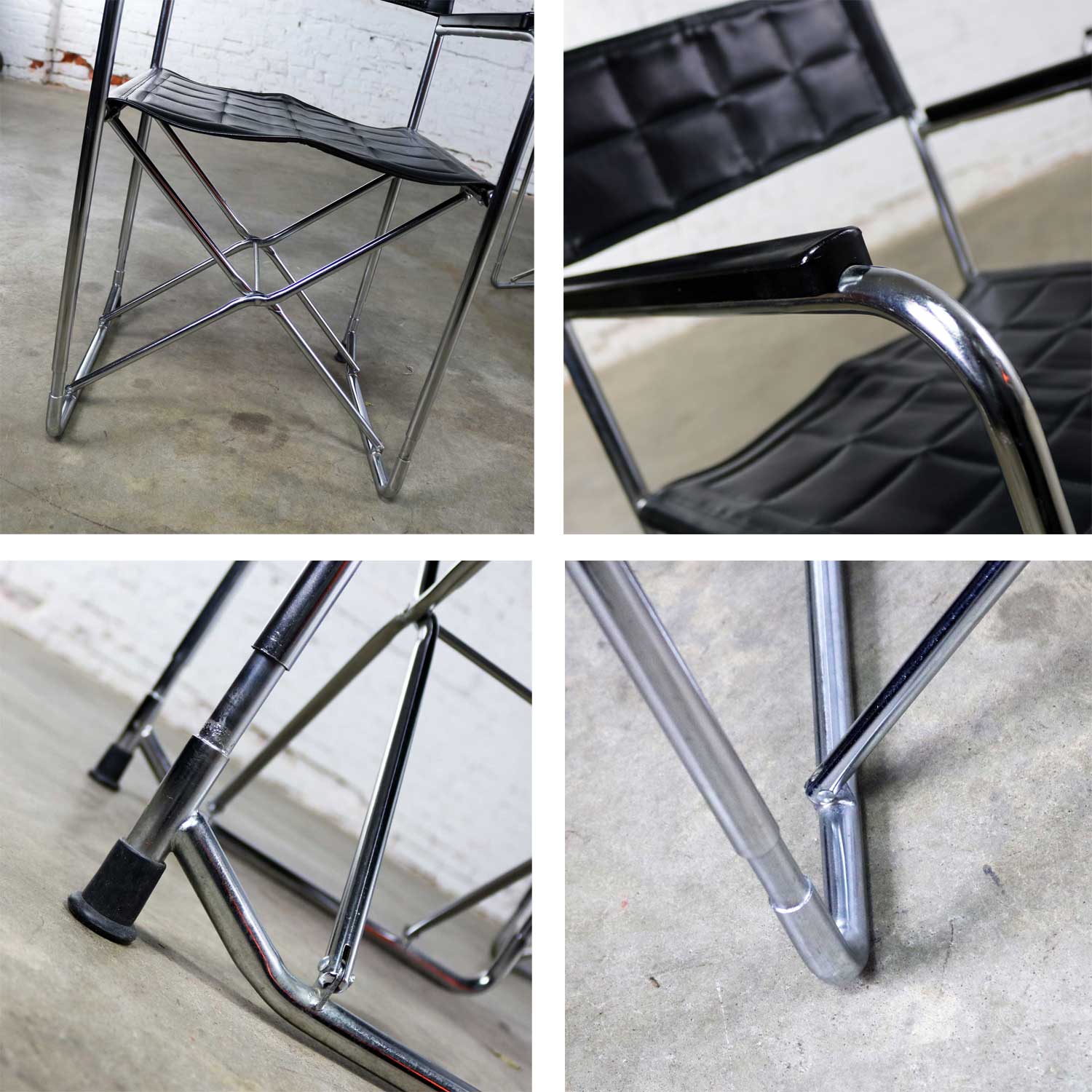 Folding Campaign Style Director’s Chairs Black Vinyl & Chrome Style of Gae Aulenti Set 4
