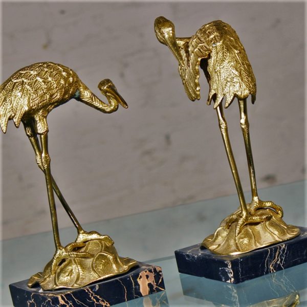 Vintage Pair Brass Cranes on Black Marble Bases