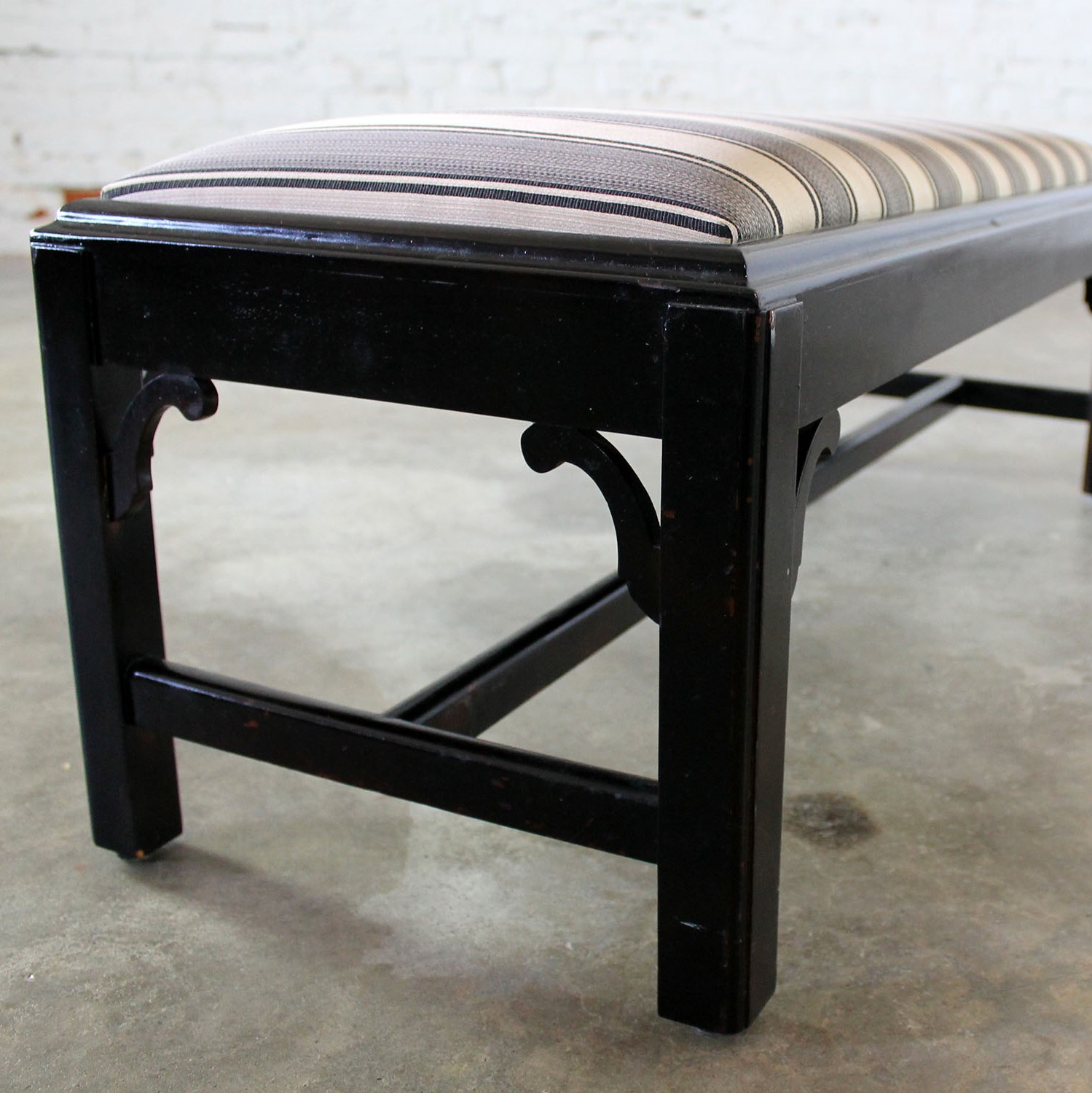 Vintage Black Chinese Chippendale Bench with Black & Gold Stripe Upholstery