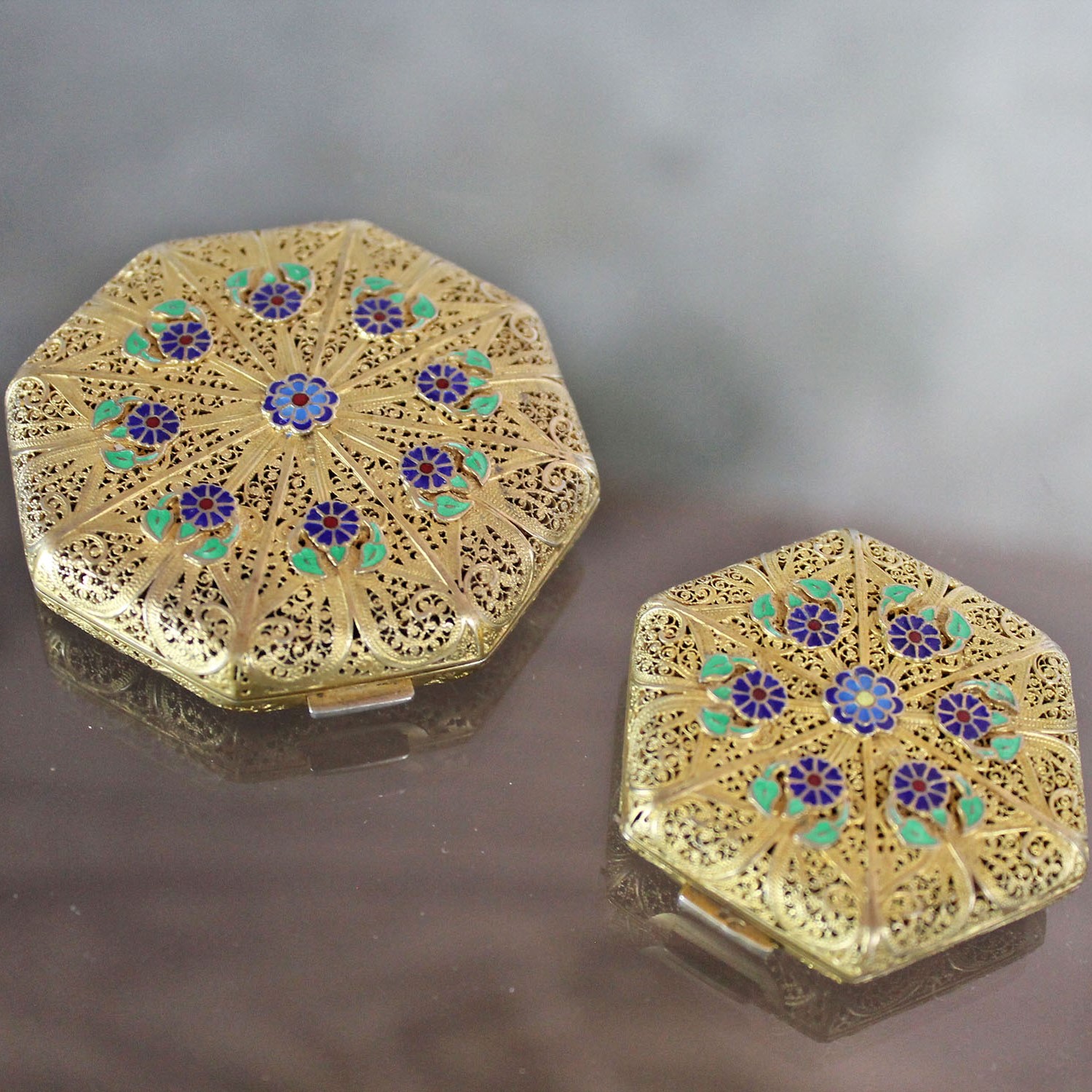 Pair Vintage Octagon Compacts Vermeil Filigree Hallmarked with Enameled Flower Applique