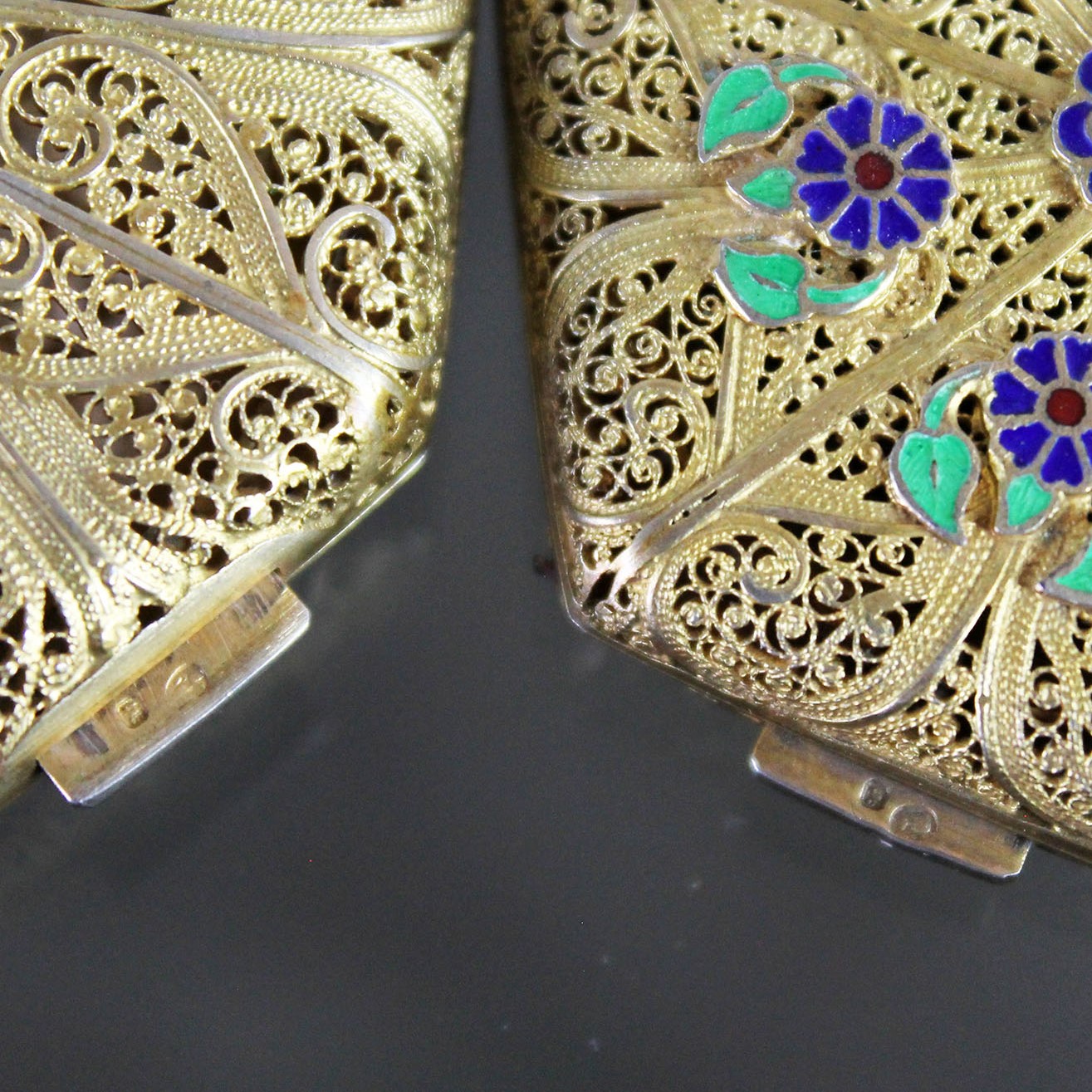 Pair Vintage Octagon Compacts Vermeil Filigree Hallmarked with Enameled Flower Applique