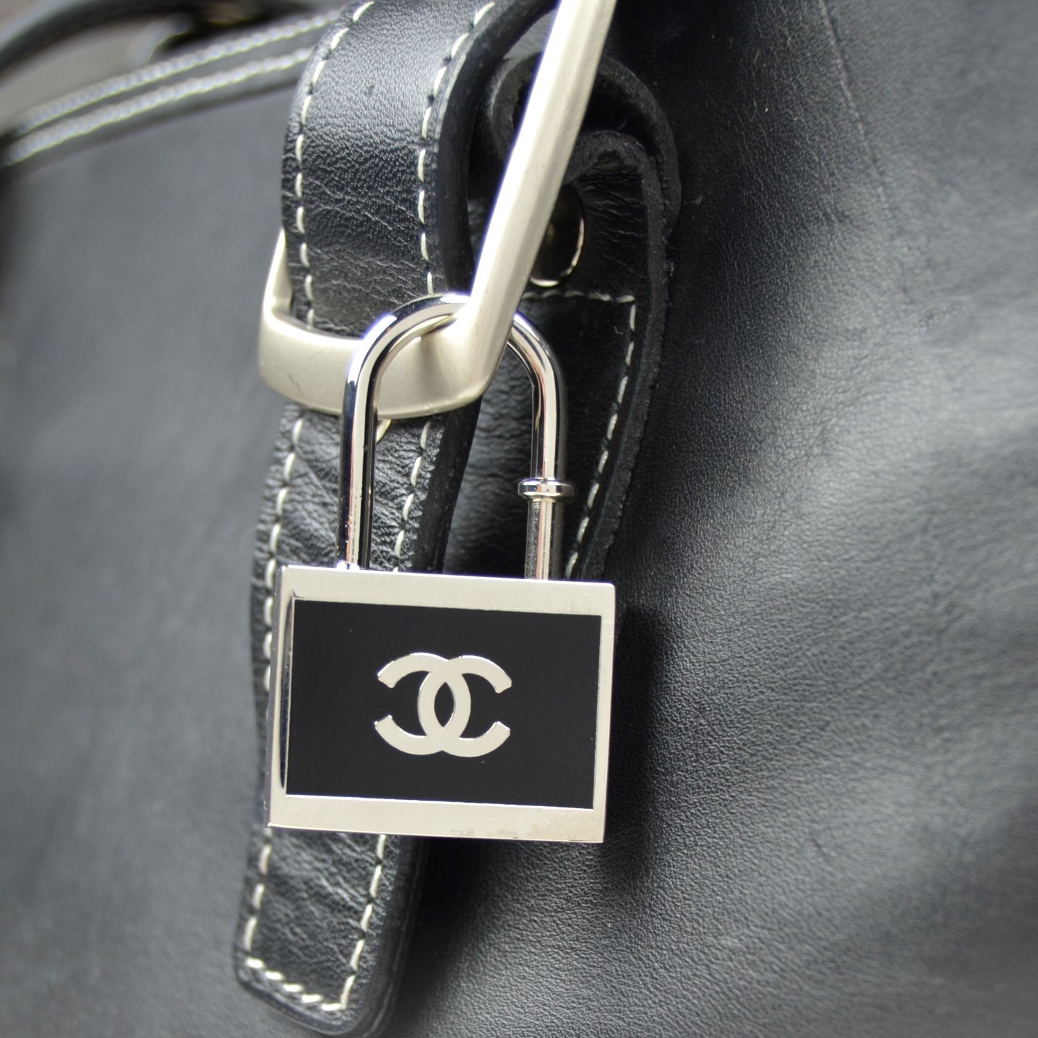 Chanel Black and Silvertone Padlock Keychain or Necklace Pe