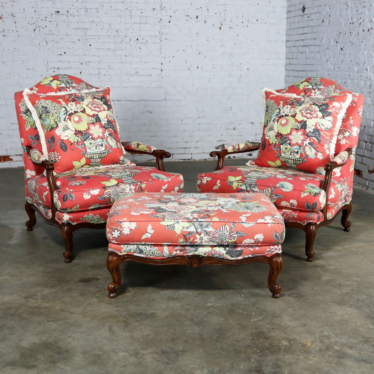 Overscale Pair Fauteuil Chairs with Ottoman Coral Cream and Gray