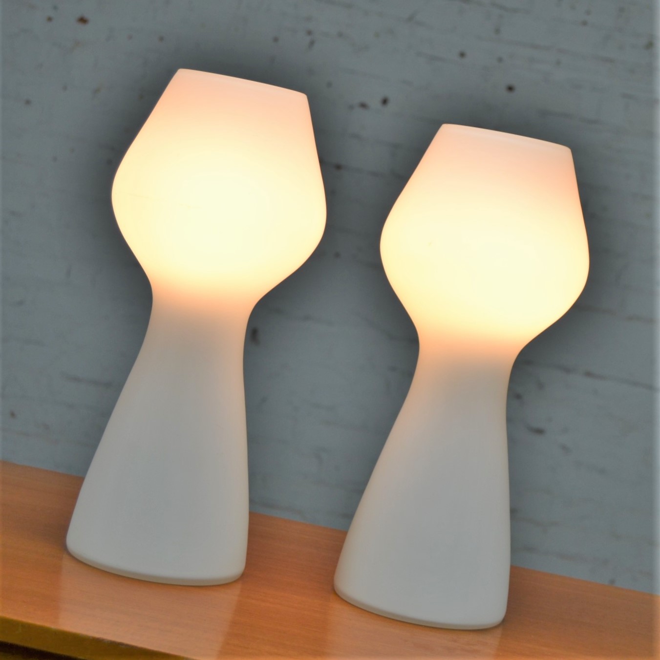 Opaque White Glass Bulbous Mushroom Lamps Style of Lisa Johansson-Pape for Orno Stockmann Vintage Mid Century Modern