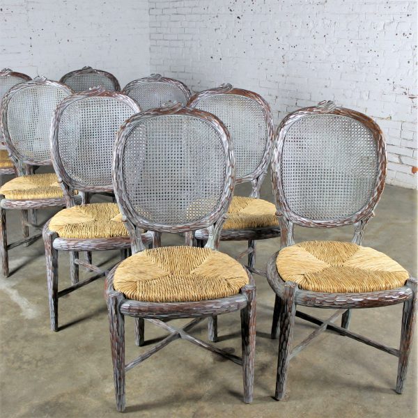 Vintage Faux Bois Carved Twig Dining Chairs Set of Eight with Caned Backs and Rush Seats