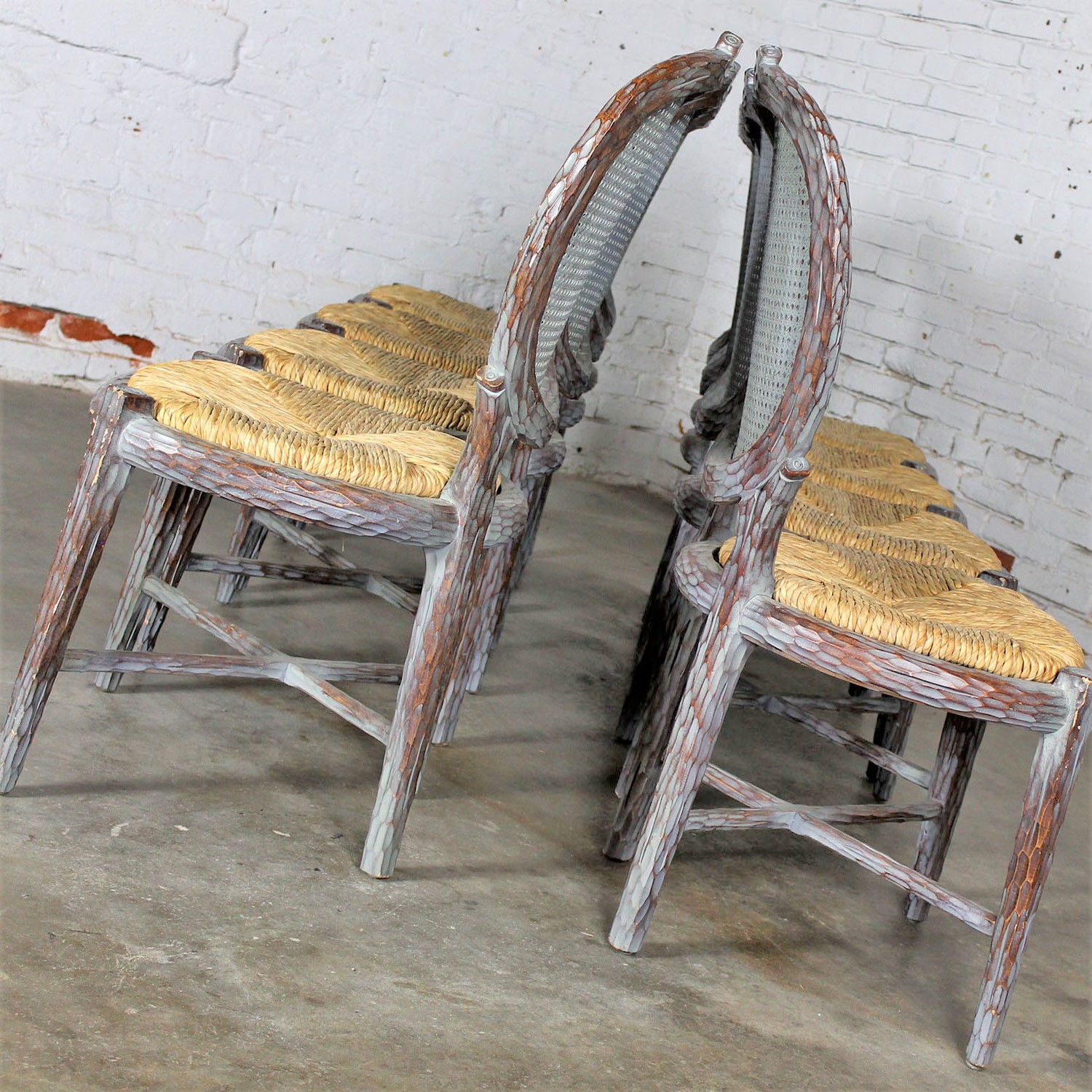Vintage Faux Bois Carved Twig Dining Chairs Set of Eight with Caned Backs and Rush Seats