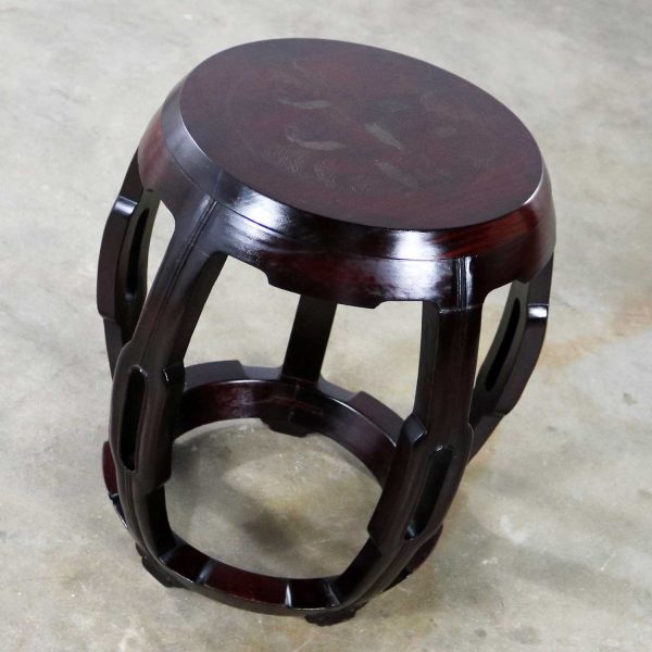 Vintage Asian Rosewood Garden Stool or Barrel Drum Table with Brass Inlaid Design