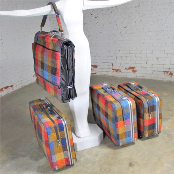 Four Piece Mod Plaid 1970s Luggage Set by Skyway