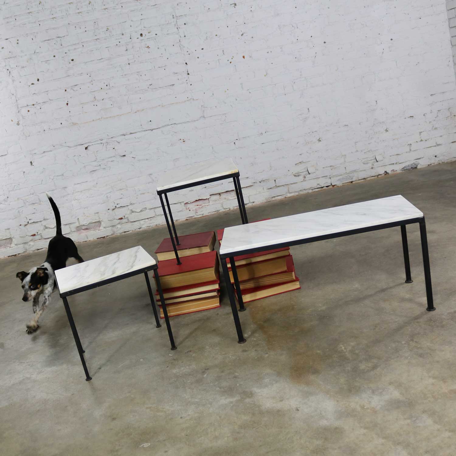 Trio of Small Black Iron Frame White Marble Topped Tables for Indoors or Out