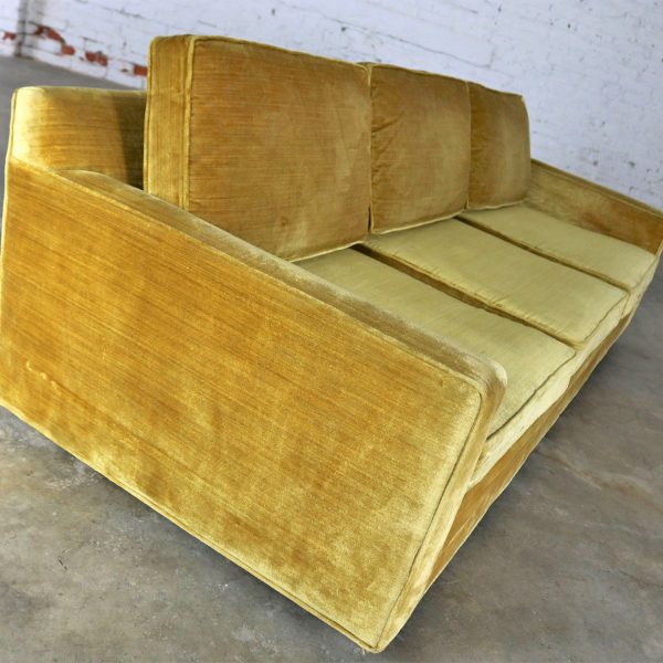 Gold Velvet Lawson Style Three Cushion Sofa Vintage Mid Century Modern