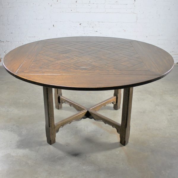 Vintage Oak Square-Round Pub Table Distressed Old English Style with Parquet Top