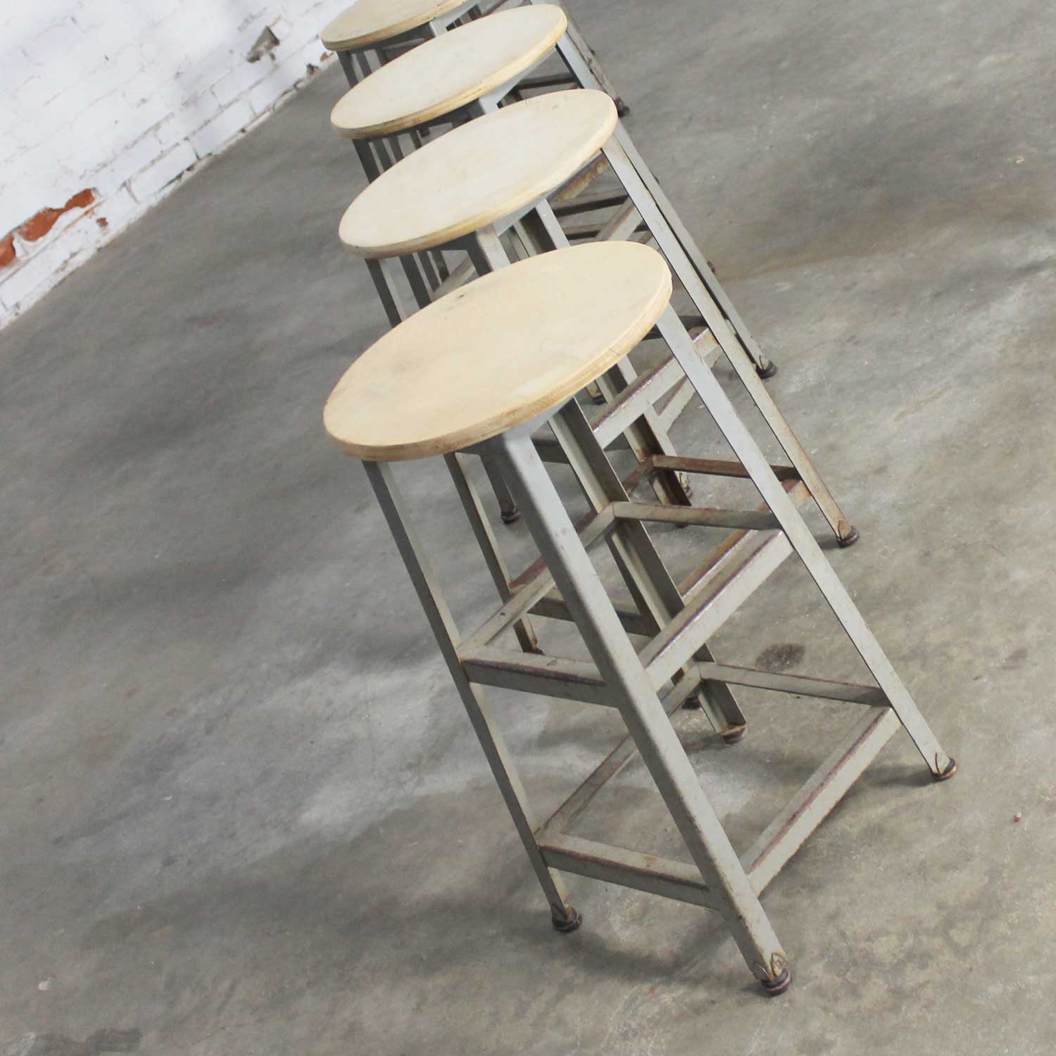 Industrial Counter Height Stools Vintage Patinated Steel with Distressed Wood Seats Set 4